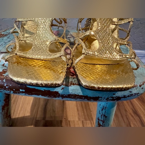 Jeffrey Campbell Le Freak Gold Metallic Tie up Sandal with Rhinestone Heel 6.5 - Picture 10 of 16